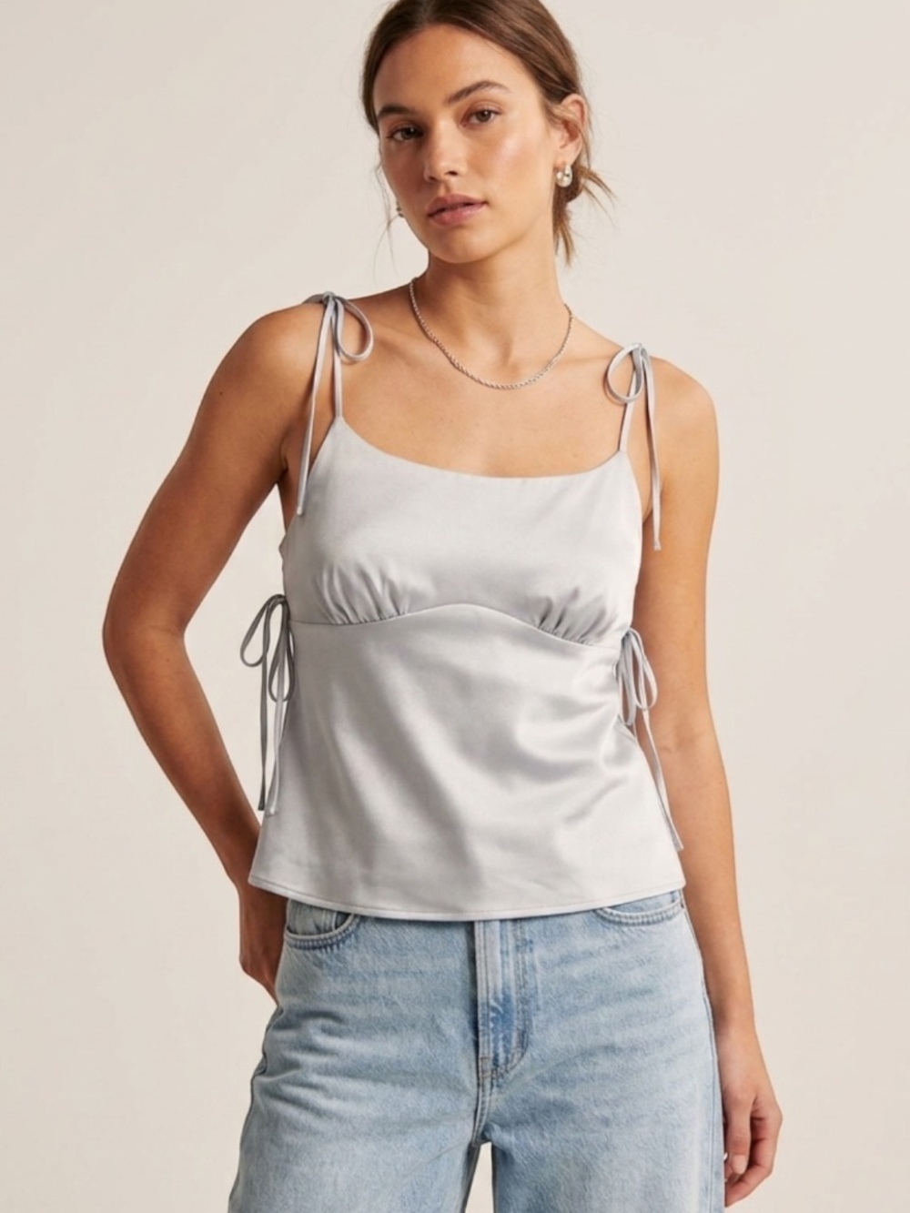 Topshop Silver Satin Tie Shoulder Cami Top Womens Ruched Bust Side Tie Size 4